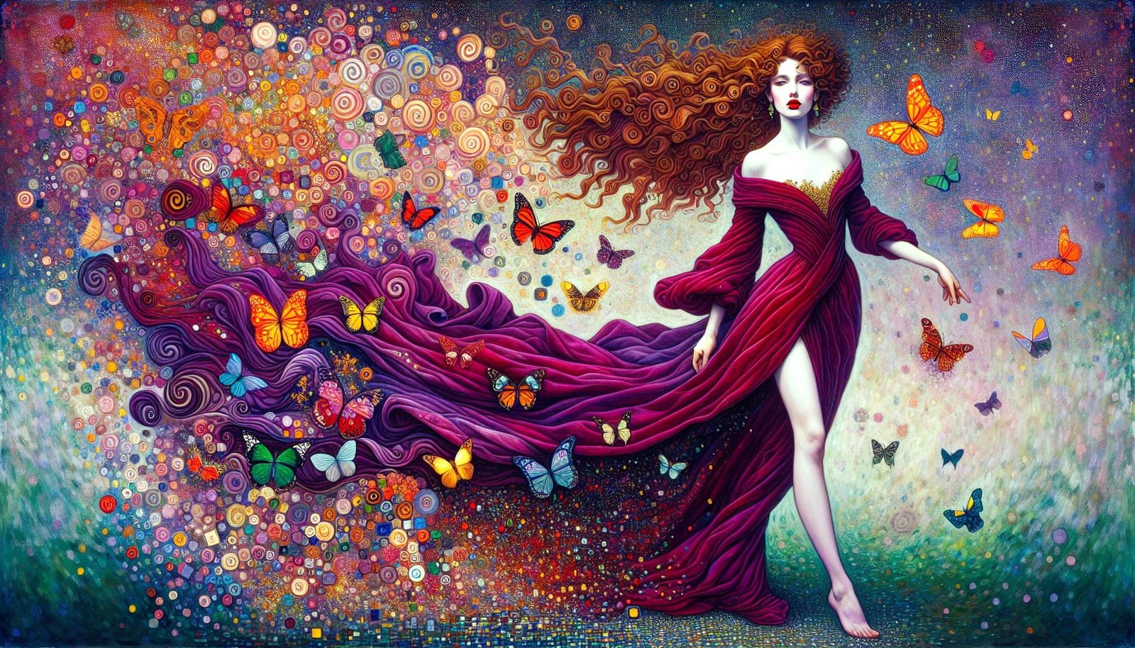 Woman in Violet Cloak in Surreal Dreamscape with Butterflies
