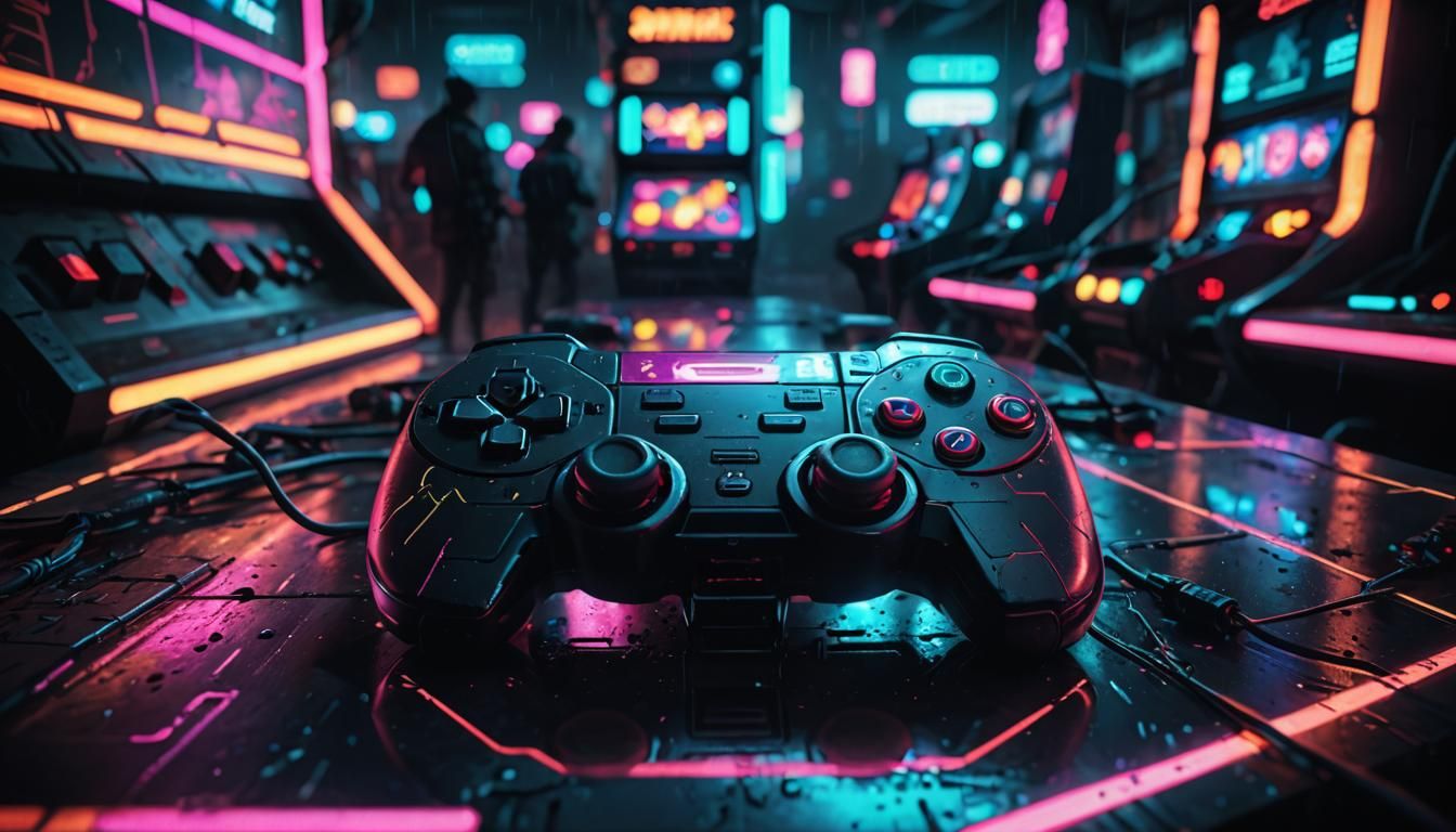 Futuristic Game Controller in Neon-Lit Cyberpunk Arcade