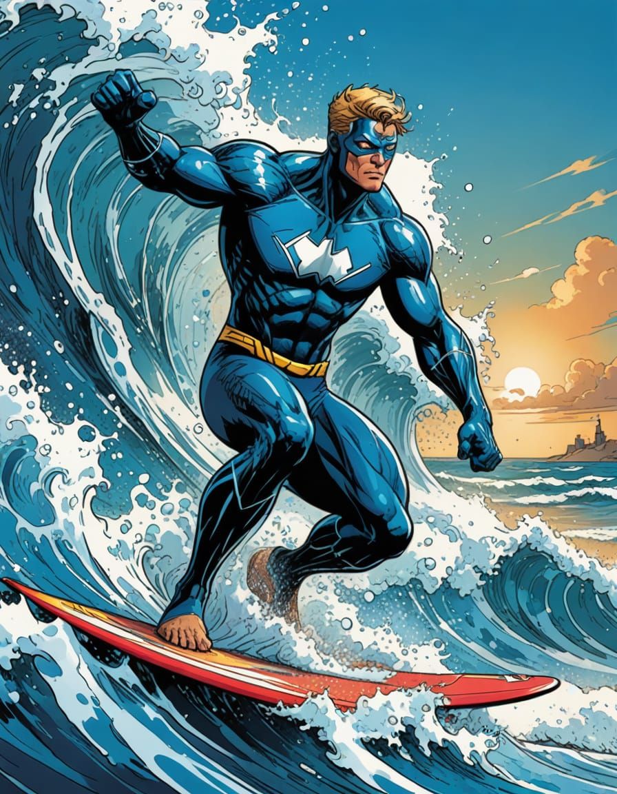 Comic Book Hero Rides Vibrant Wave in Bold Style