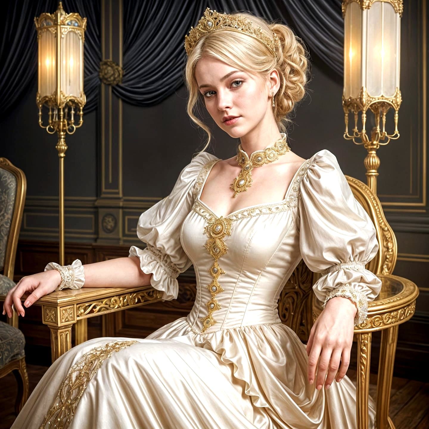 Elegant Blonde in Rococo Style Gold Dress
