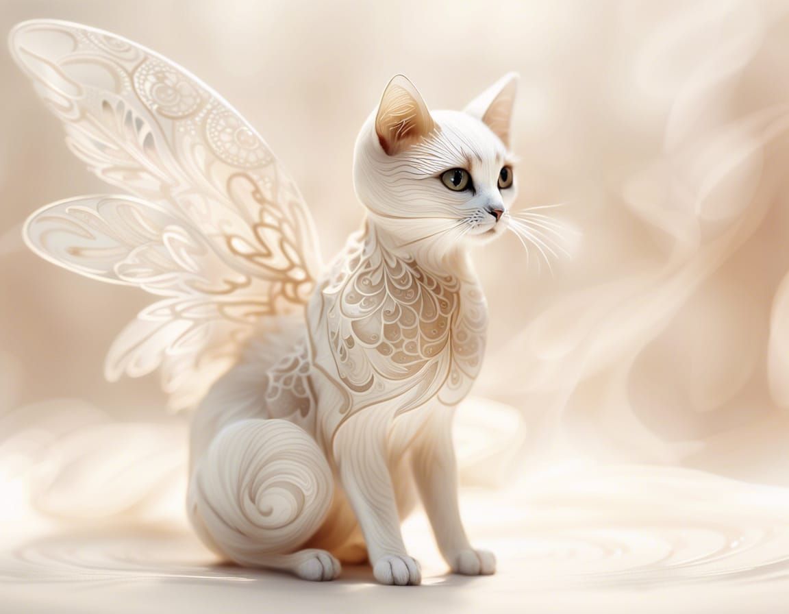 Miniature Angel Cat on White in Romanticism Style
