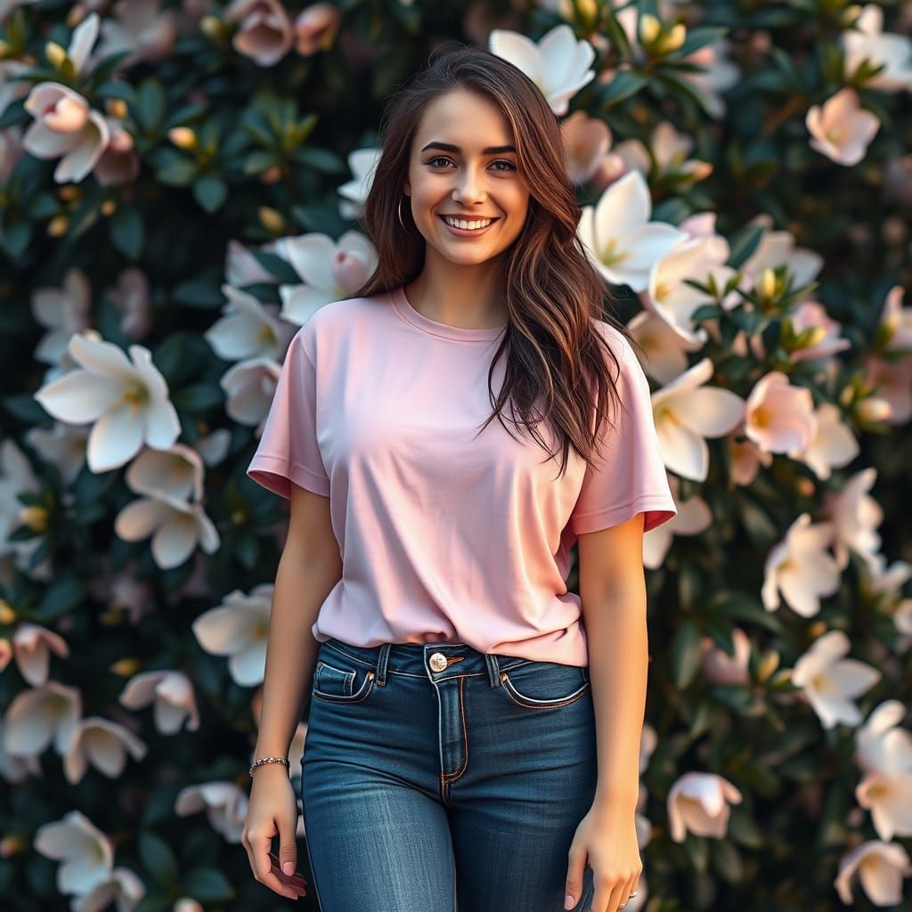 Radiant Young Woman in Enchanted Camelia Garden