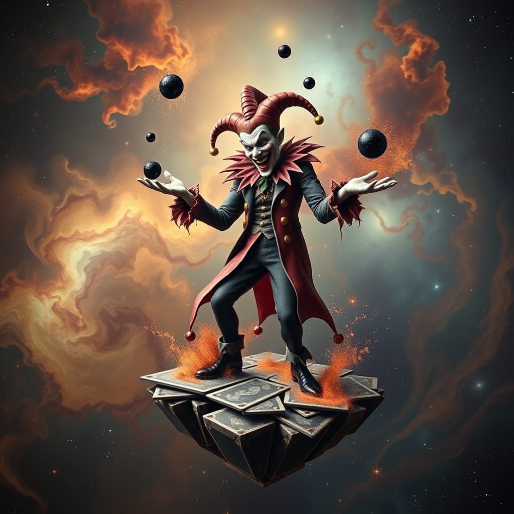 Cosmic Joker Juggles Black Holes in Surreal Space Art