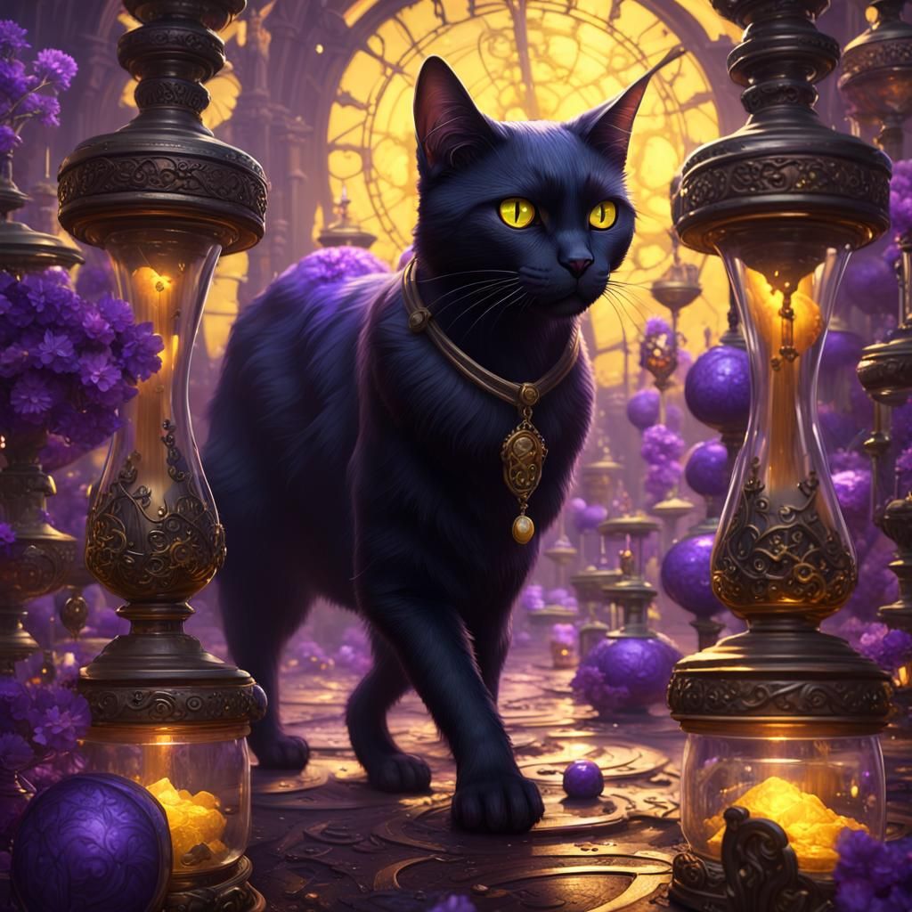 Black Cat's Hourglass Journey: Dark Fantasy Art