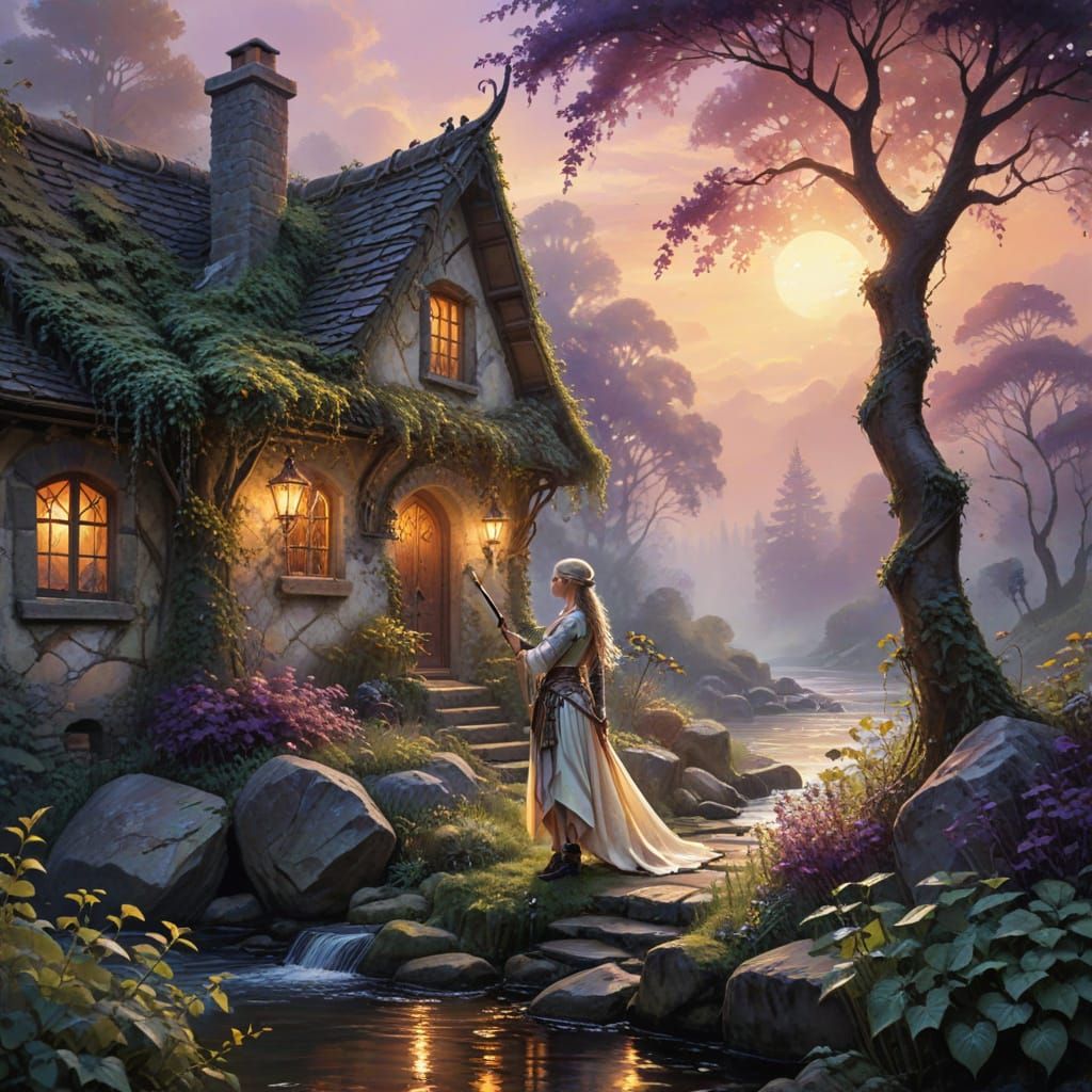 Elven Warrior at Cottage: Watercolor Folk Art