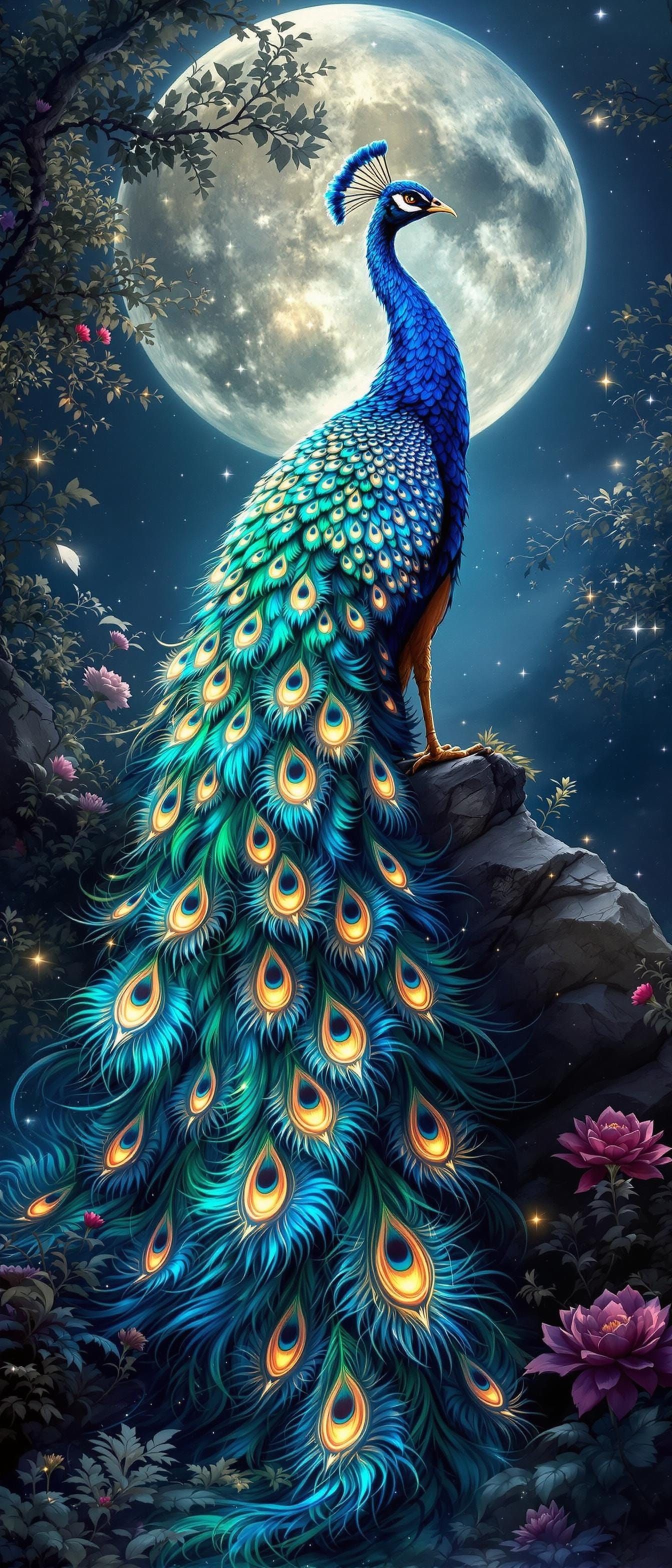 Majestic Peacock in Ethereal Moonlit Display
