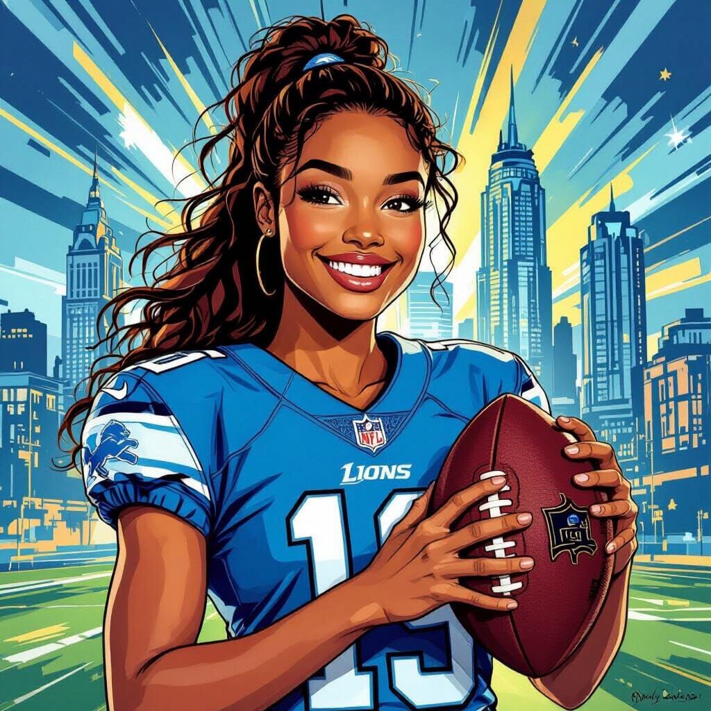 Detroit Lions Fan with Football in Cityscape