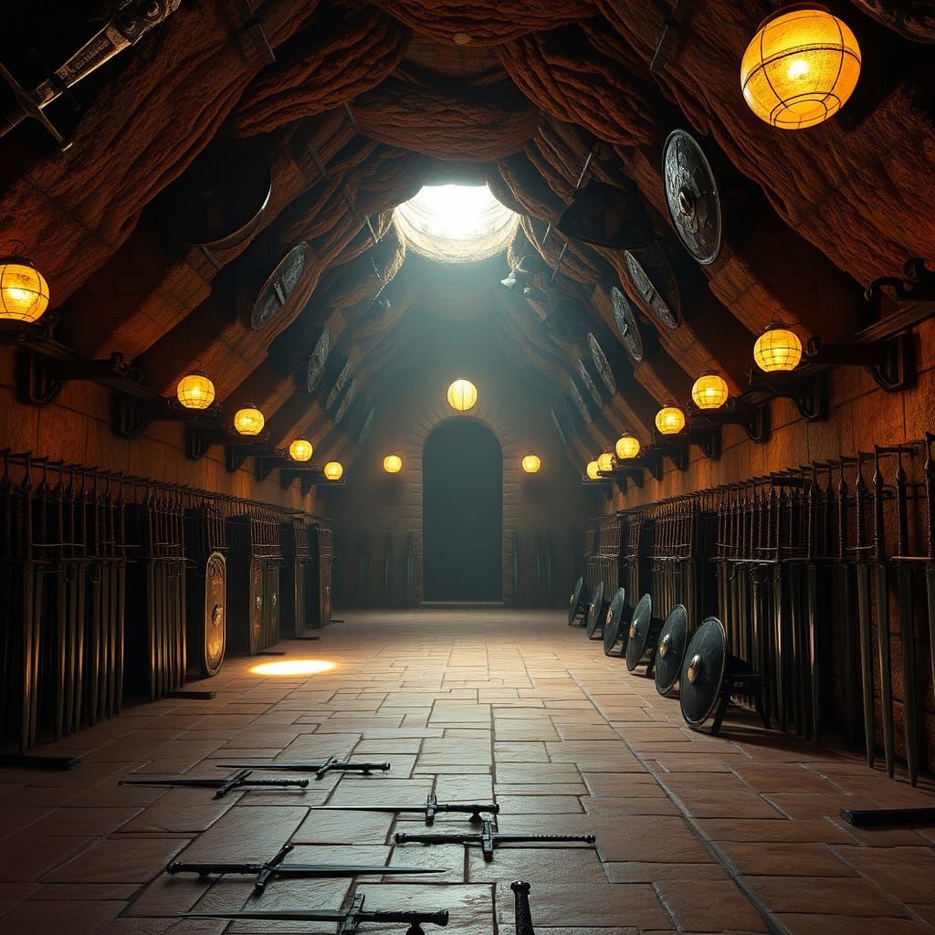 Medieval Training Hall Chamber Illuminated by Sun Globes