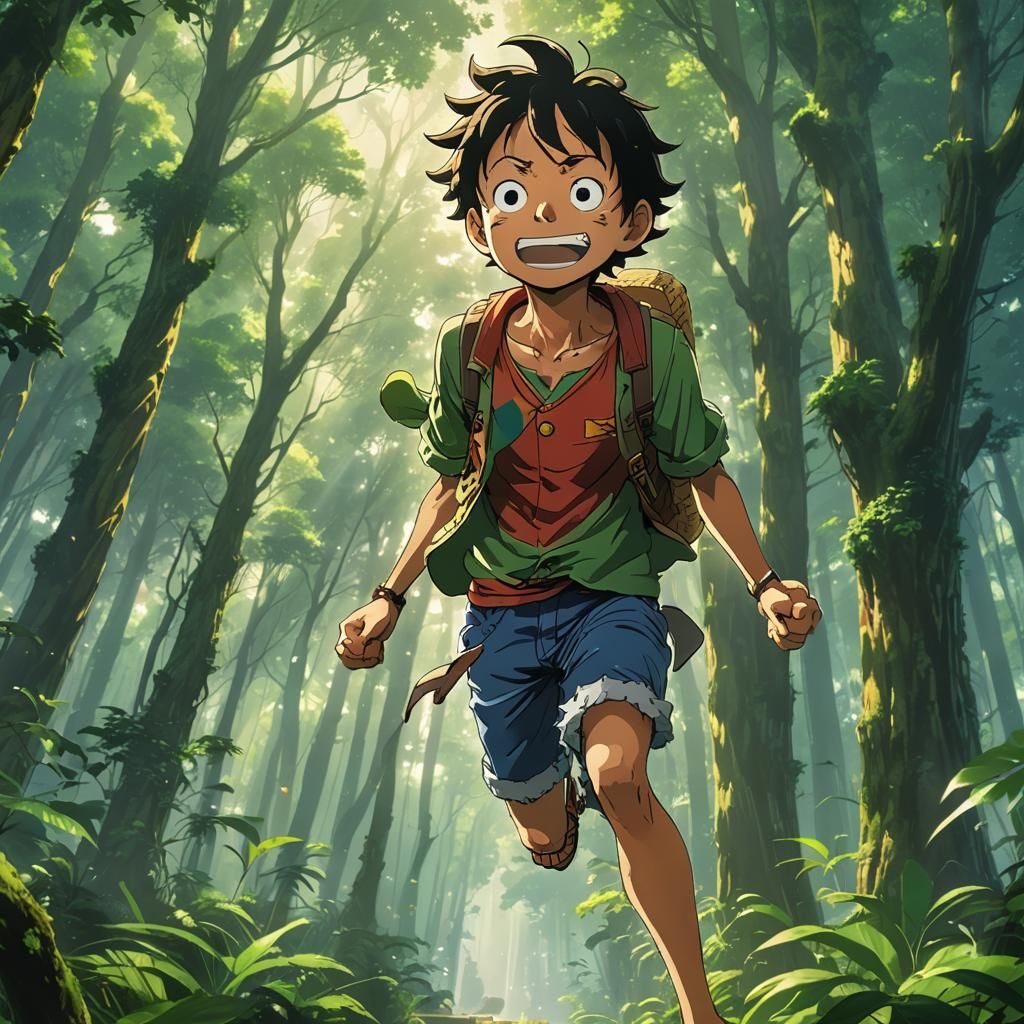 Luffy's Joyful Jump in Anime Style Forest