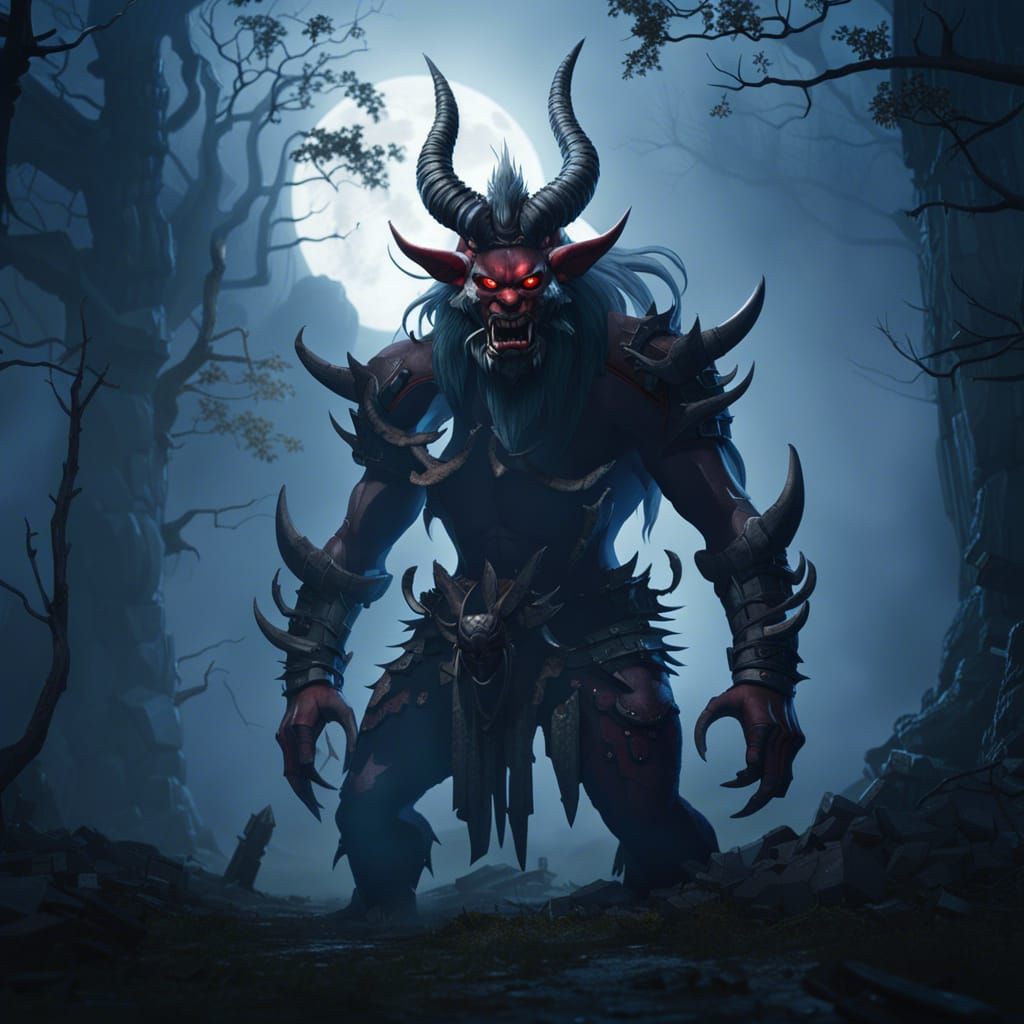 Towering Oni Demon in Dilapidated Castle, 3D Render