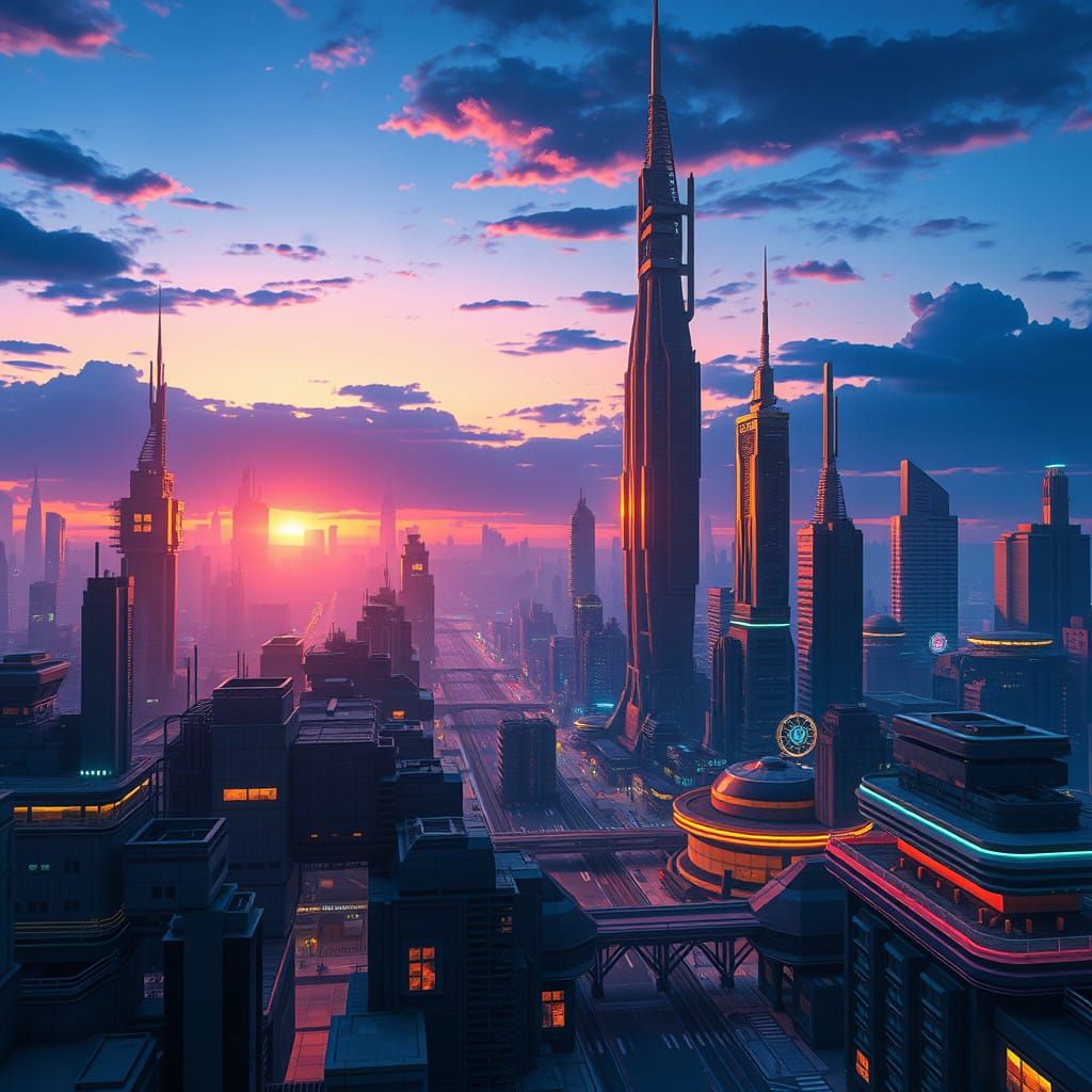 Retro-Futuristic Cityscape of 2025 in Vibrant Twilight Color...