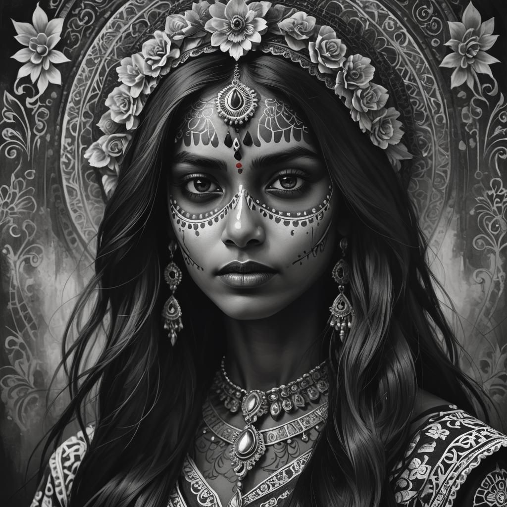 Indian Girl as Catrina, Digital Oil Painting
