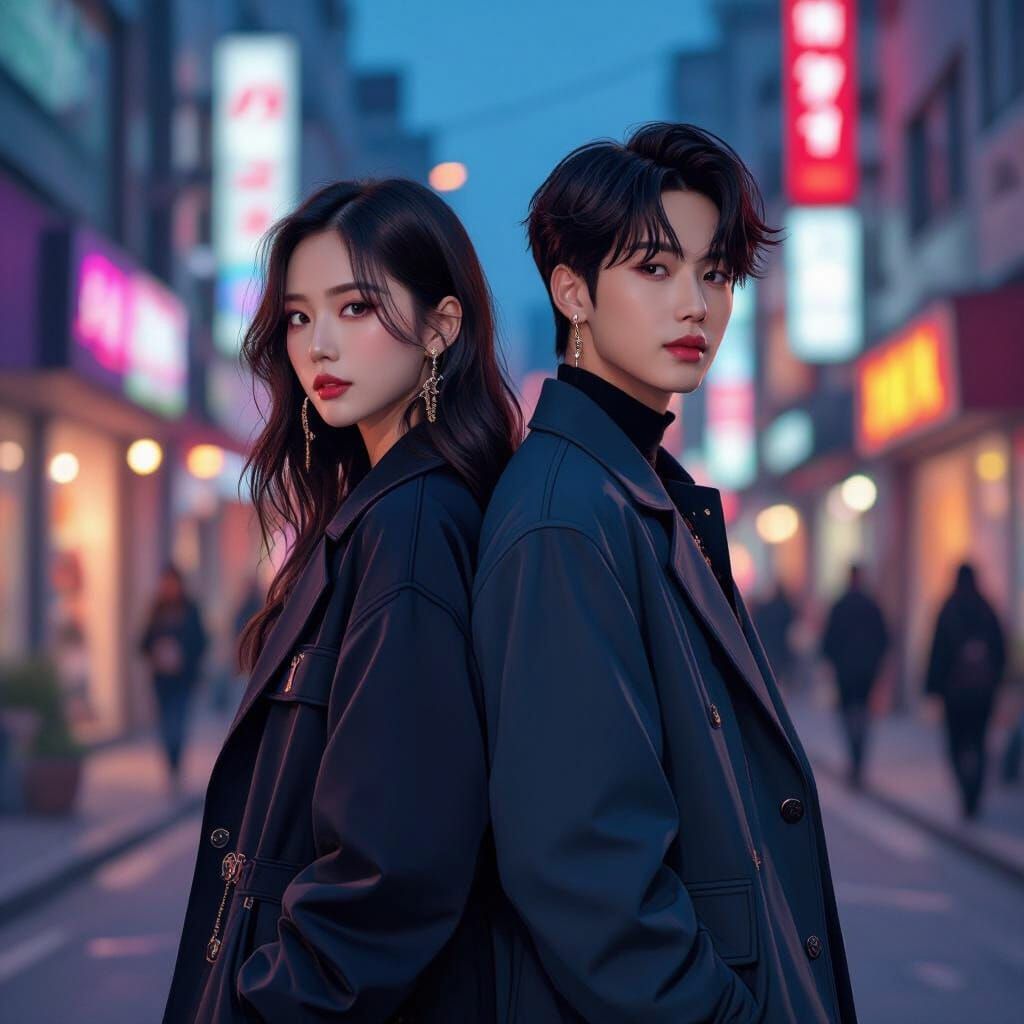 K-Pop Idols in Seoul Streetscape, Loish Style