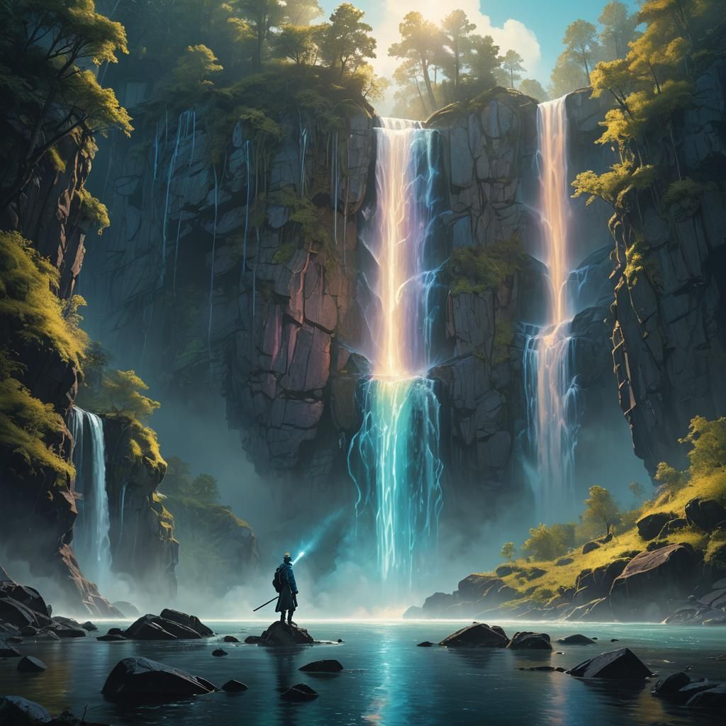 Mystical Mage at Iridescent Waterfall in Fantasy Art