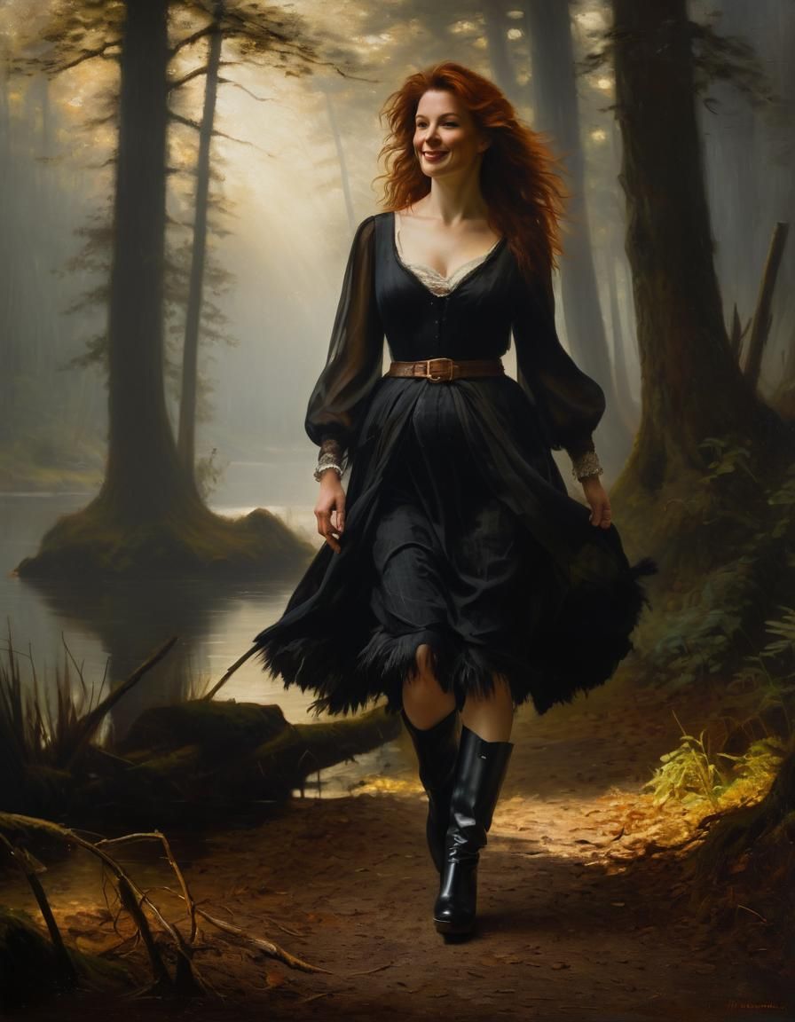 Woman in Misty Forest: Chiaroscuro Oil Painting