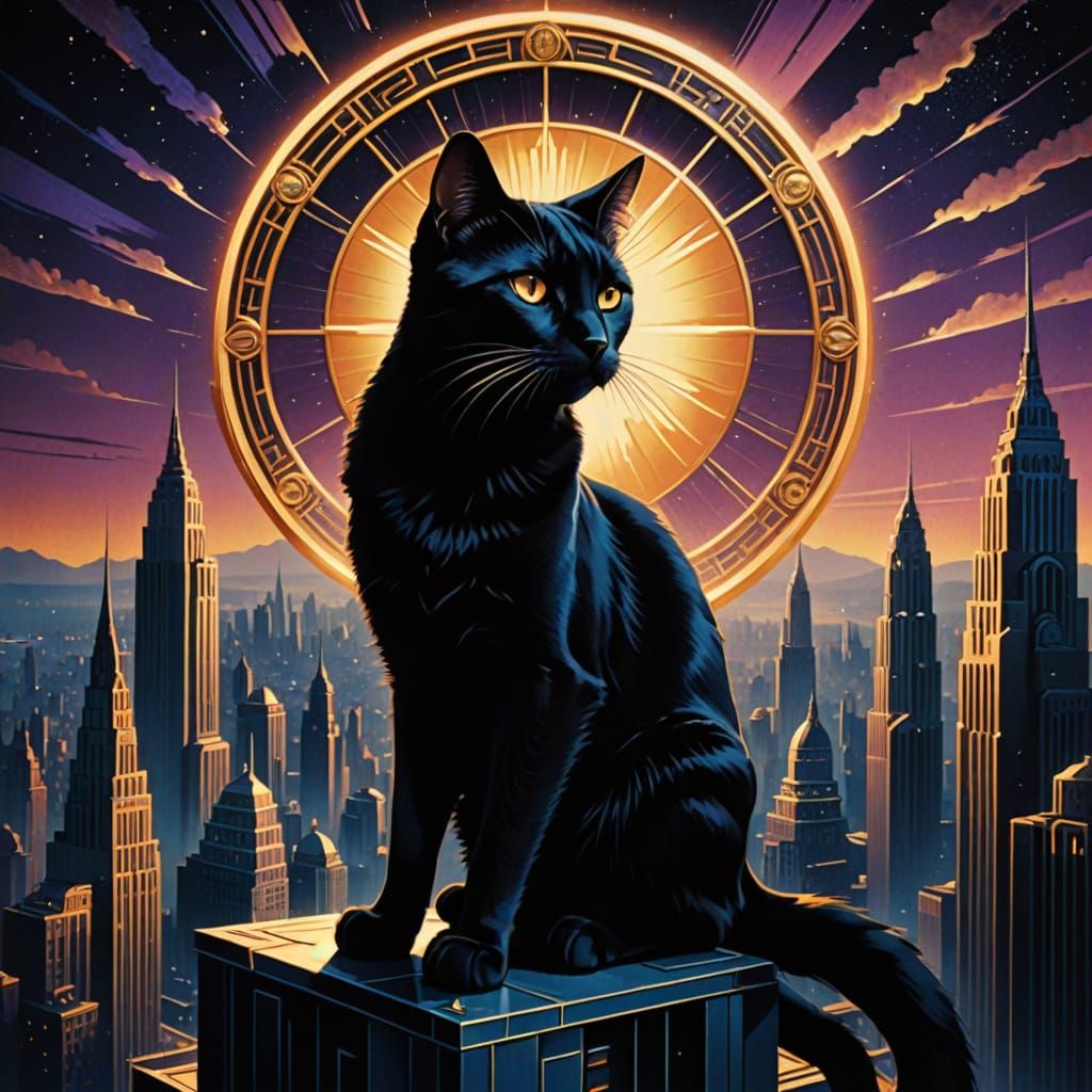 Sleek Black Cat Adorns Majestic Art Deco Skyscraper