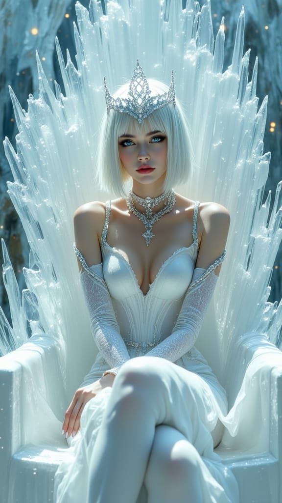 Ethereal Woman on Ice Throne in Cyberpunk Style