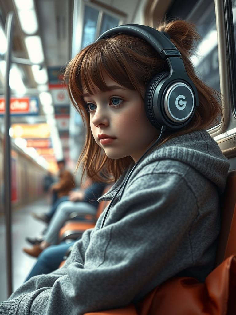 Girl Listening to Music in Metro: Hyperrealistic
