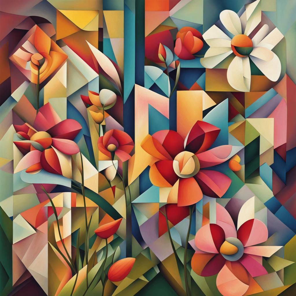 Cubist Flower Meadow: Geometric Abstract Art Deco Painting