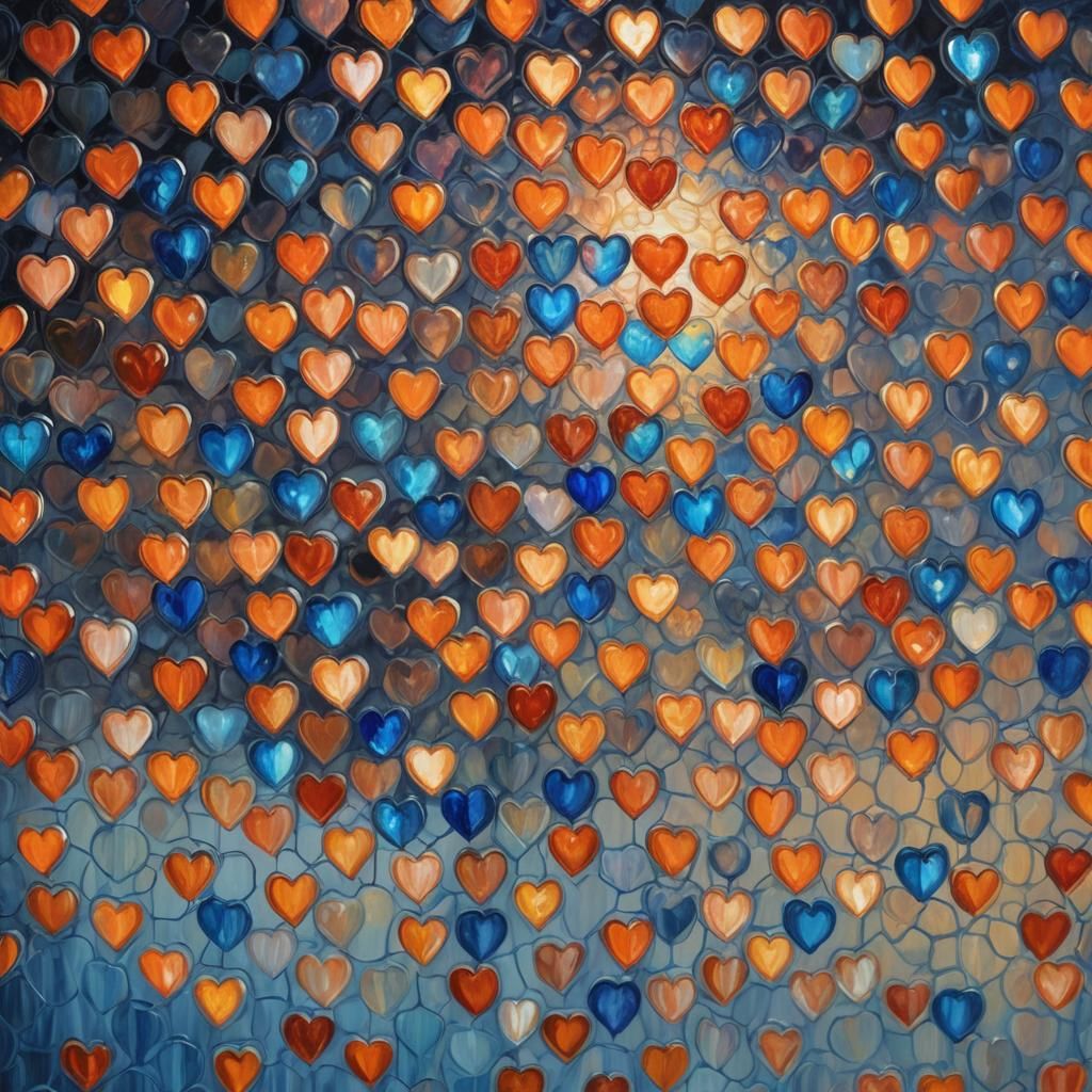 Glass Lattice with Glowing Hearts: Impasto Oil Painting