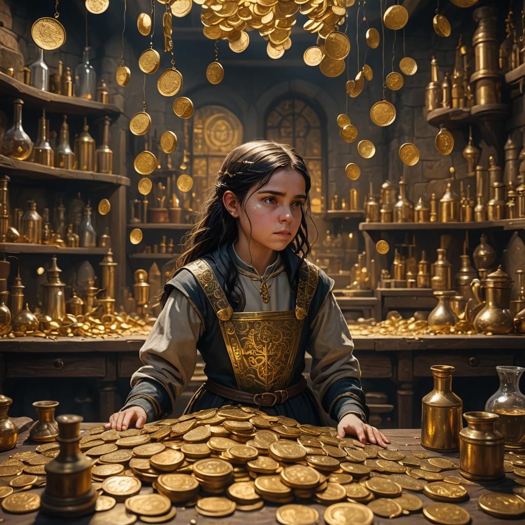 Girl standing in her medieval alchemist laboratory
