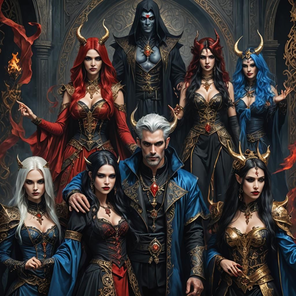 Sorcerer with Demon Harem in Gothic Style