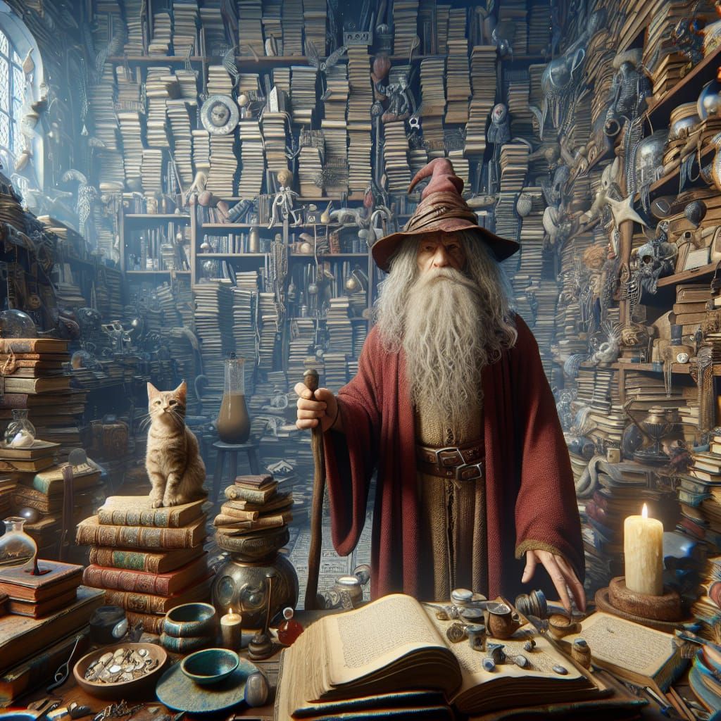 Sage Wizard Stands Amidst Ancient Tomes and Mystical Curios