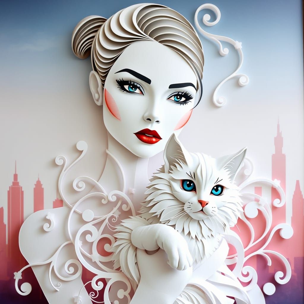 Papercraft Woman with Cat on Gradient Background