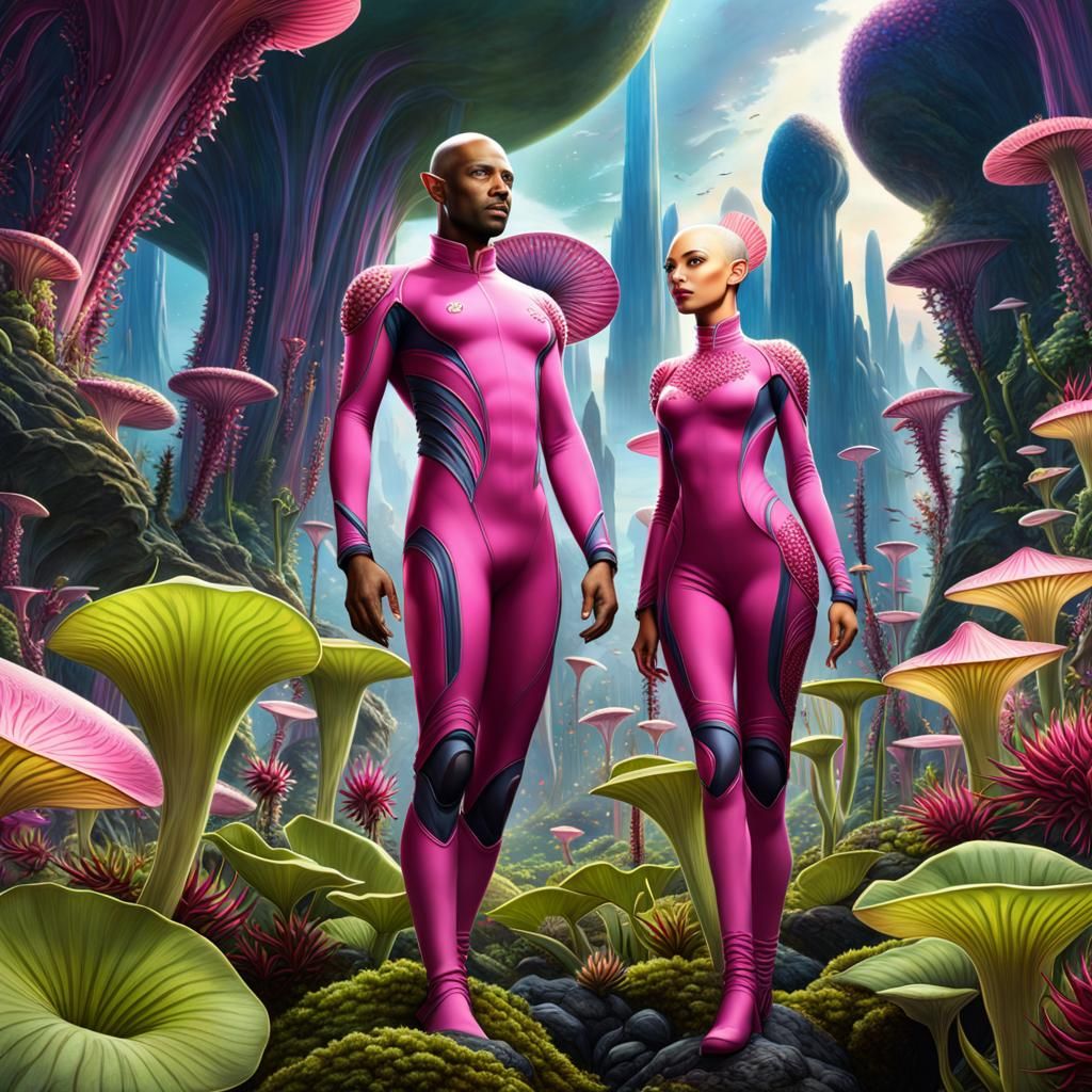 Blue Extraterrestrials Playing on Alien Planet in Art Nouvea...