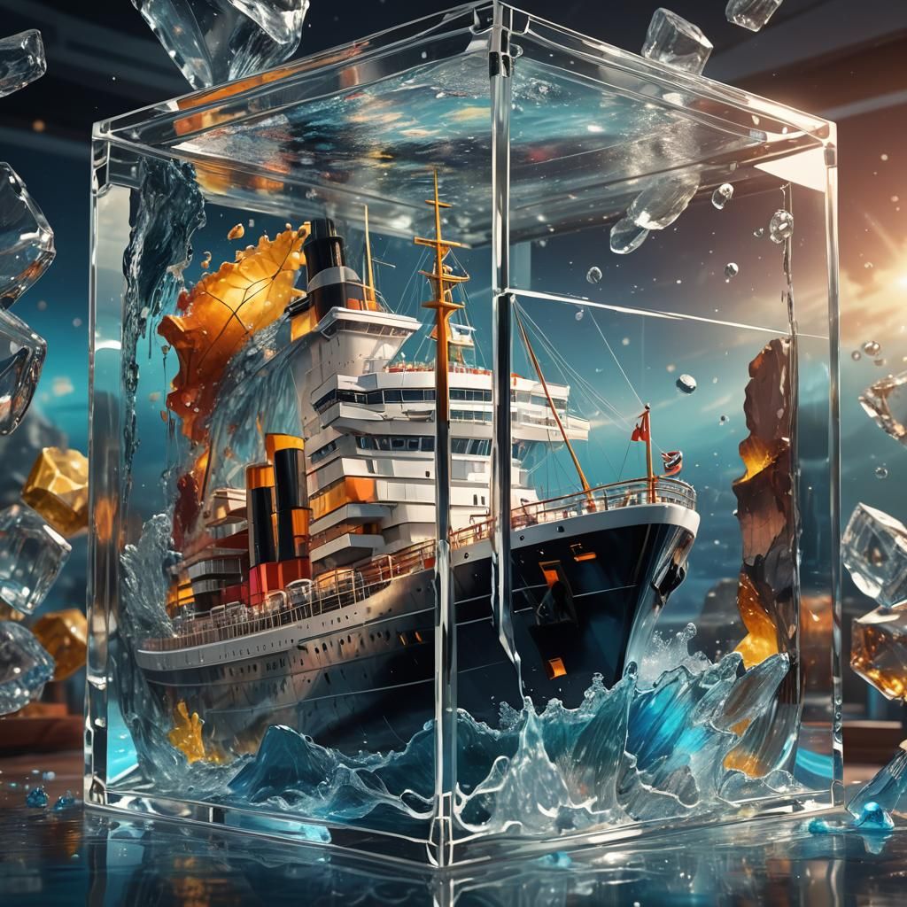 Ocean Liner in Glass Cube: Hyperrealistic Splash Art