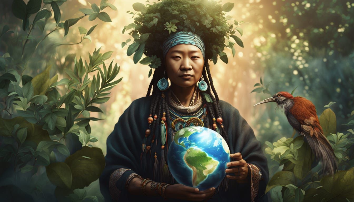 Mongolian Shaman with Earth and Medicinal Plant