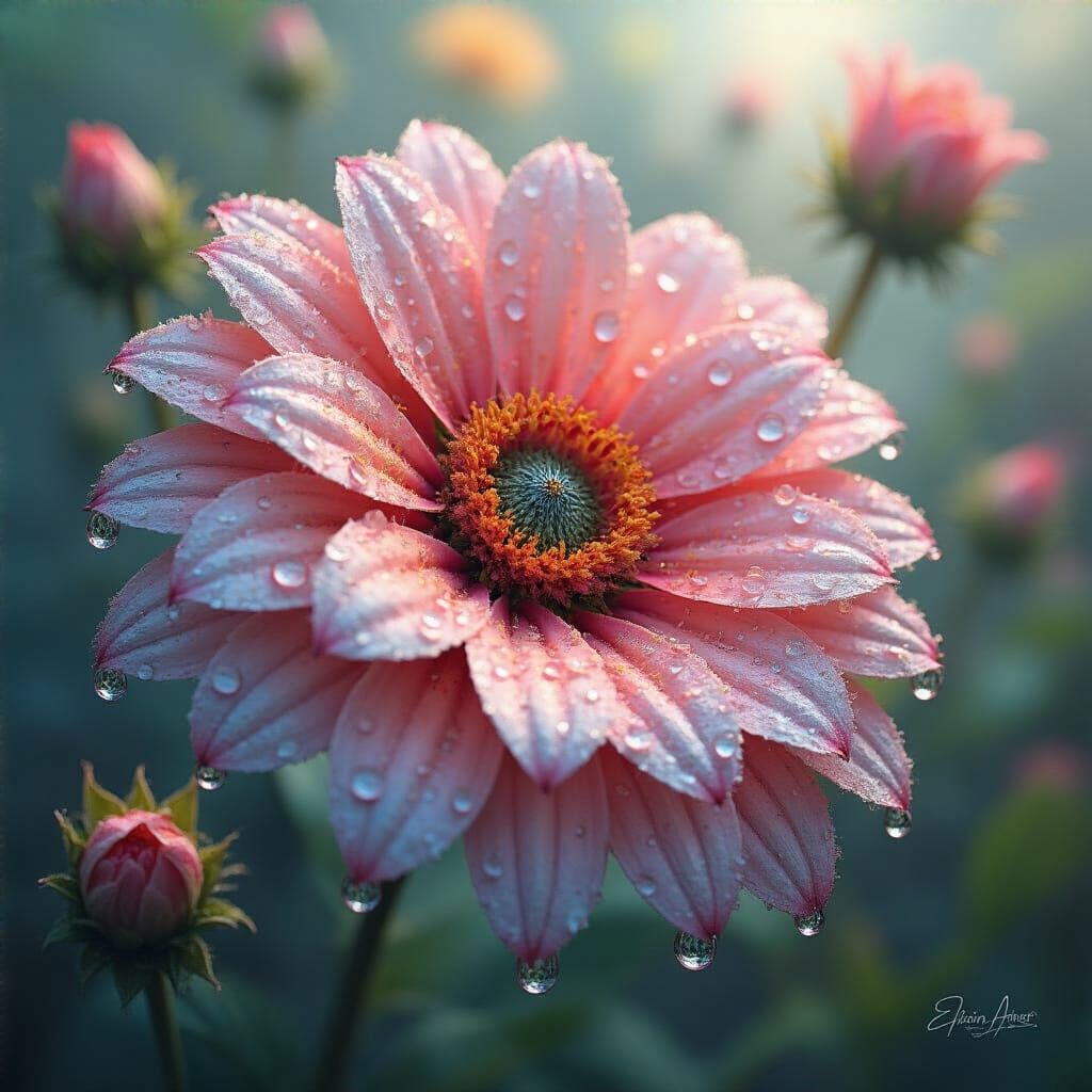 Fantasycore Flowers with Dew Drops in Vibrant Colors