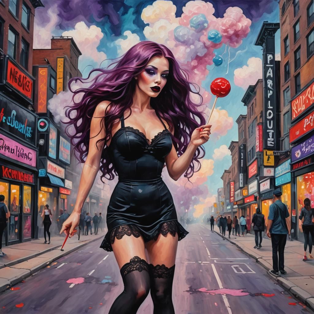 Woman in Pantyhose with Neon Background, Expressionist Oil P...