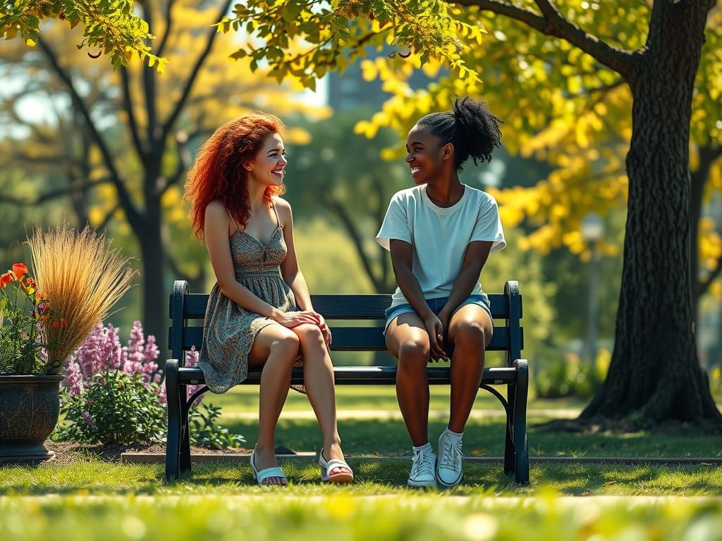 Girls Laughing in Sun-Drenched Park: Hyperrealistic Matte Pa...