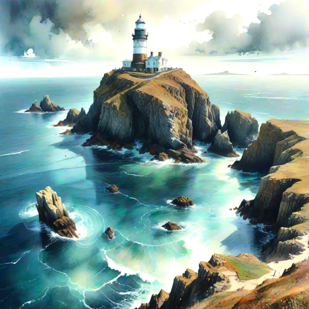 Longships Lighthouse, Cornwall, in Watercolor Style