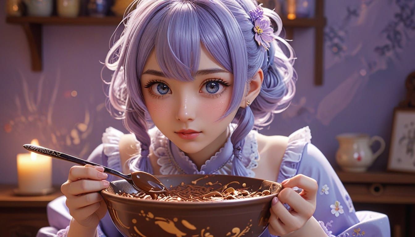 Anime Girl Stirring Chocolate: Moe-Inspired Kawaii Art