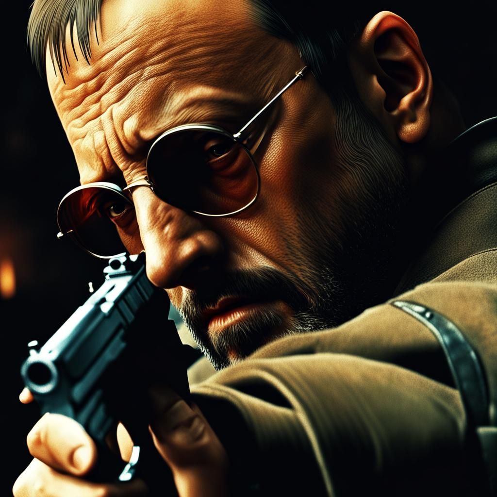 Leon the Professional Close-Up in Dark Cinematic Style