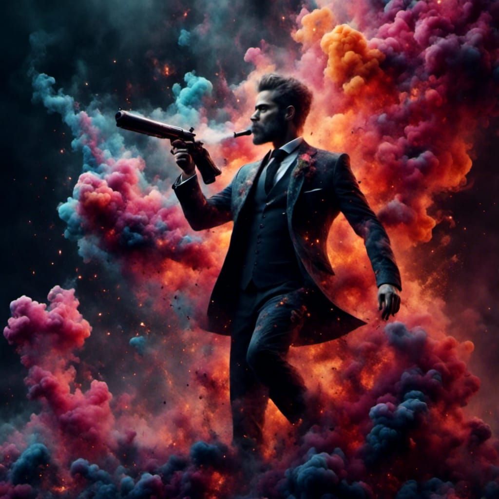 Suited Man with Smoking Gun in Detailed Digital Painting