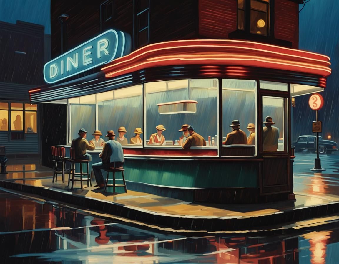 American Diner at Night in Edward Hopper Style