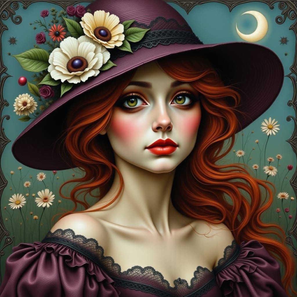 Whimsical Red-Haired Woman with Elegant Hat
