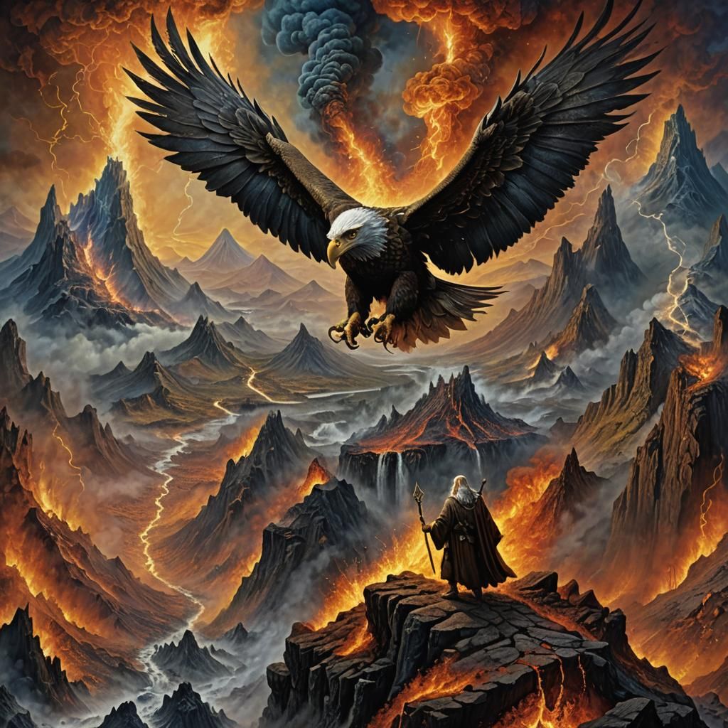 Gandalf on Eagle Over Mount Doom as Digital Painting