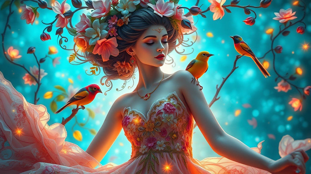 Porcelain Woman Dancing in Dreamlike Klimt-Inspired Style