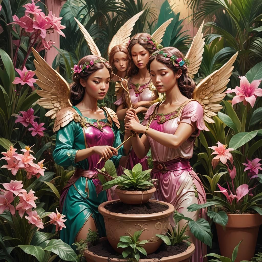 Ethereal Angel Girls in a Lush Garden, Art Nouveau Style