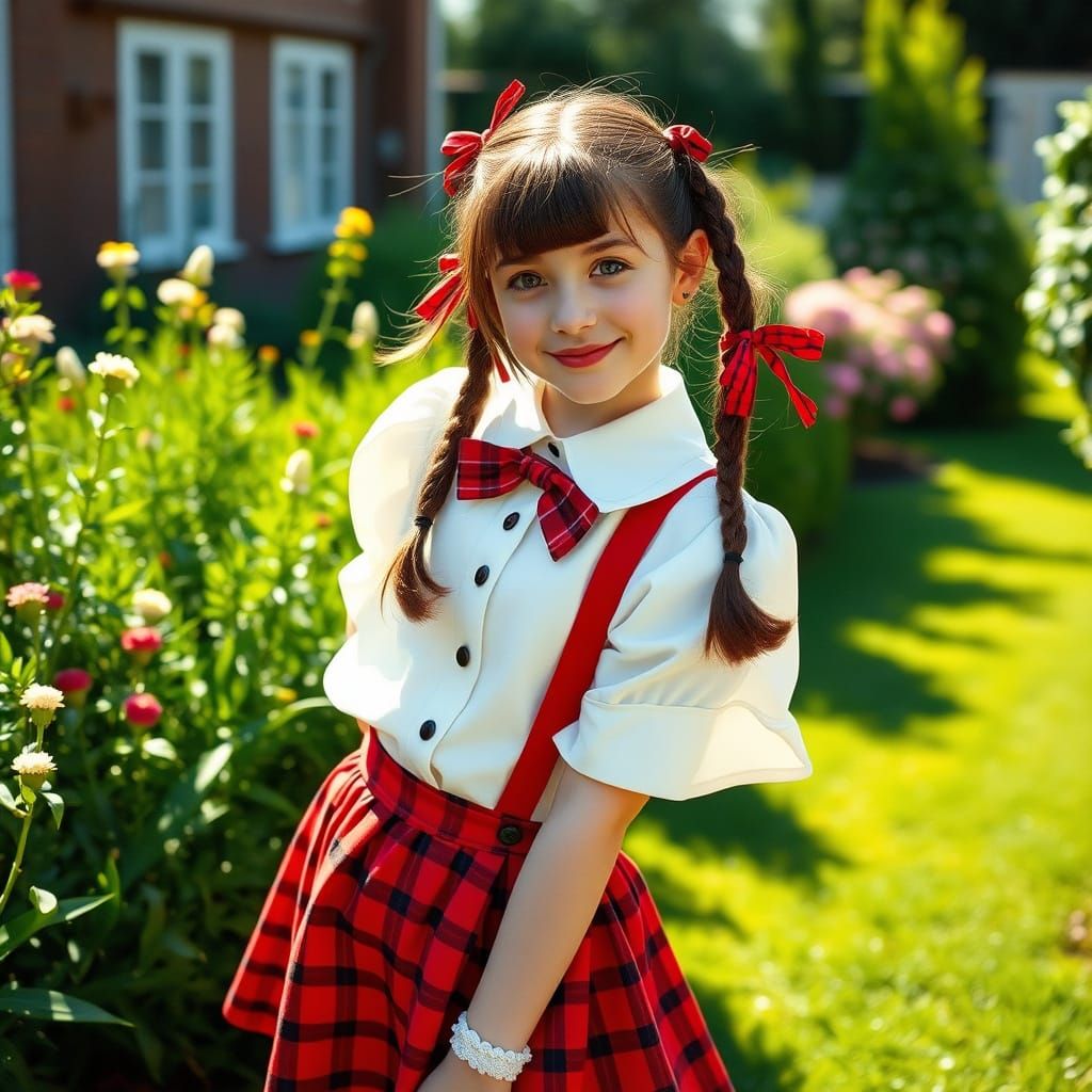 Young Woman in Sun-Drenched Garden, Rendered in Hyperrealist...