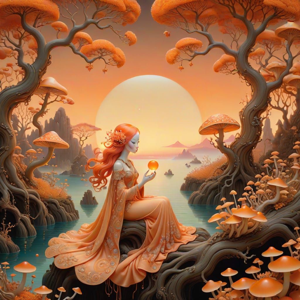 Enchanting Orange Dream Realm with Mystical Woman