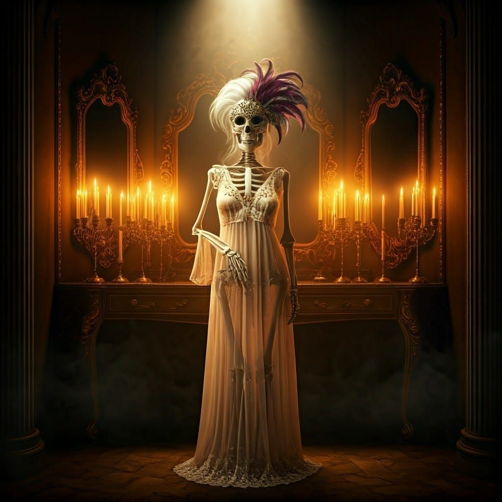 Mysterious Female Skeleton in Lavish Venetian Mask