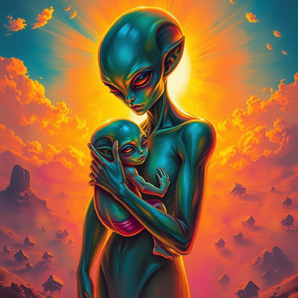 Surreal Post-Apocalyptic Mother and Child in Vibrant Psyched...