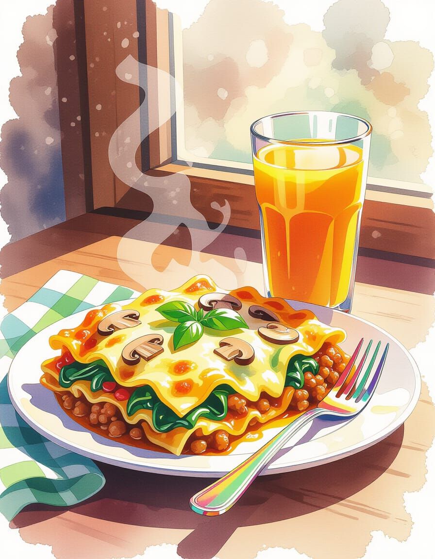 Steaming Lasagna and Orange Juice in Watercolor Style