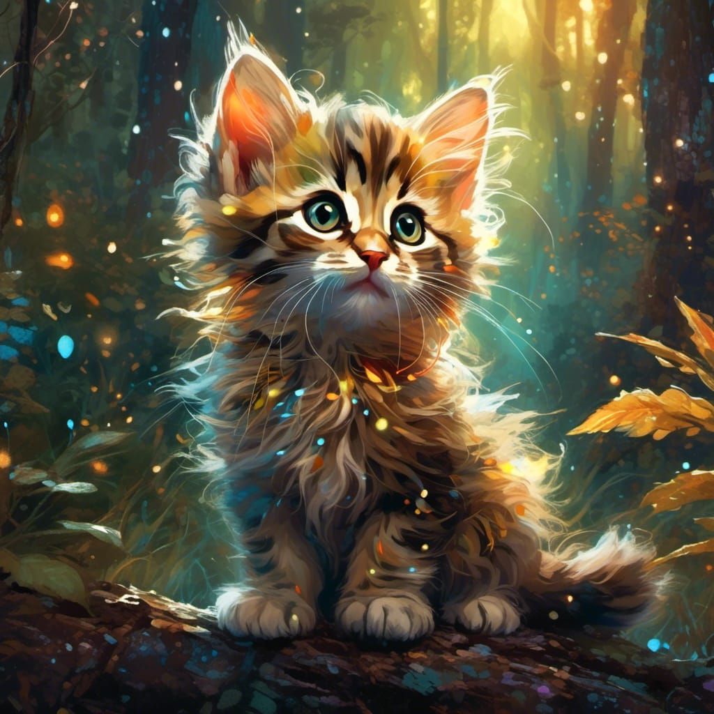 Kitten in Mystical Forest: Vibrant Oil Painting