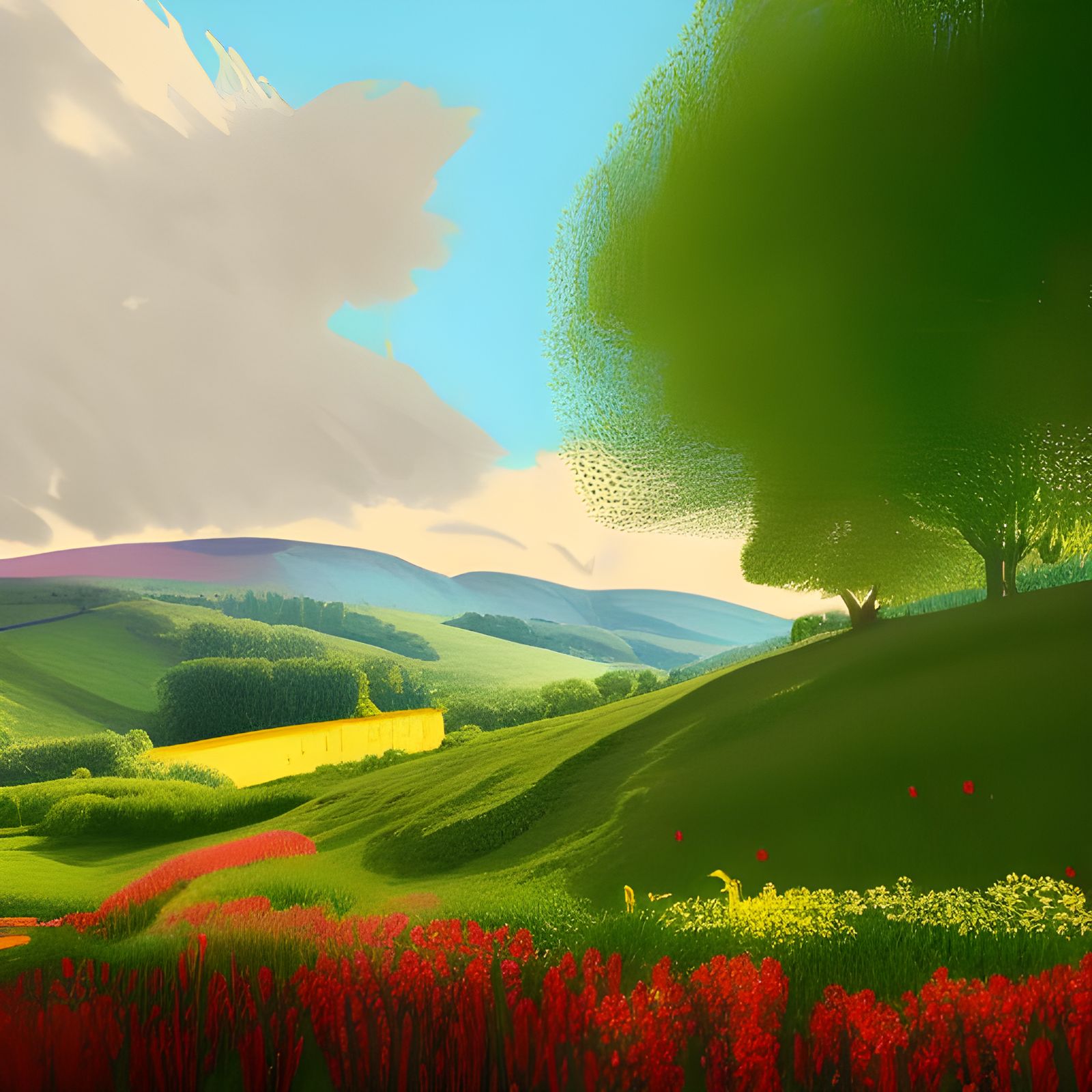 Vibrant British Summer Landscape: Hockney Style